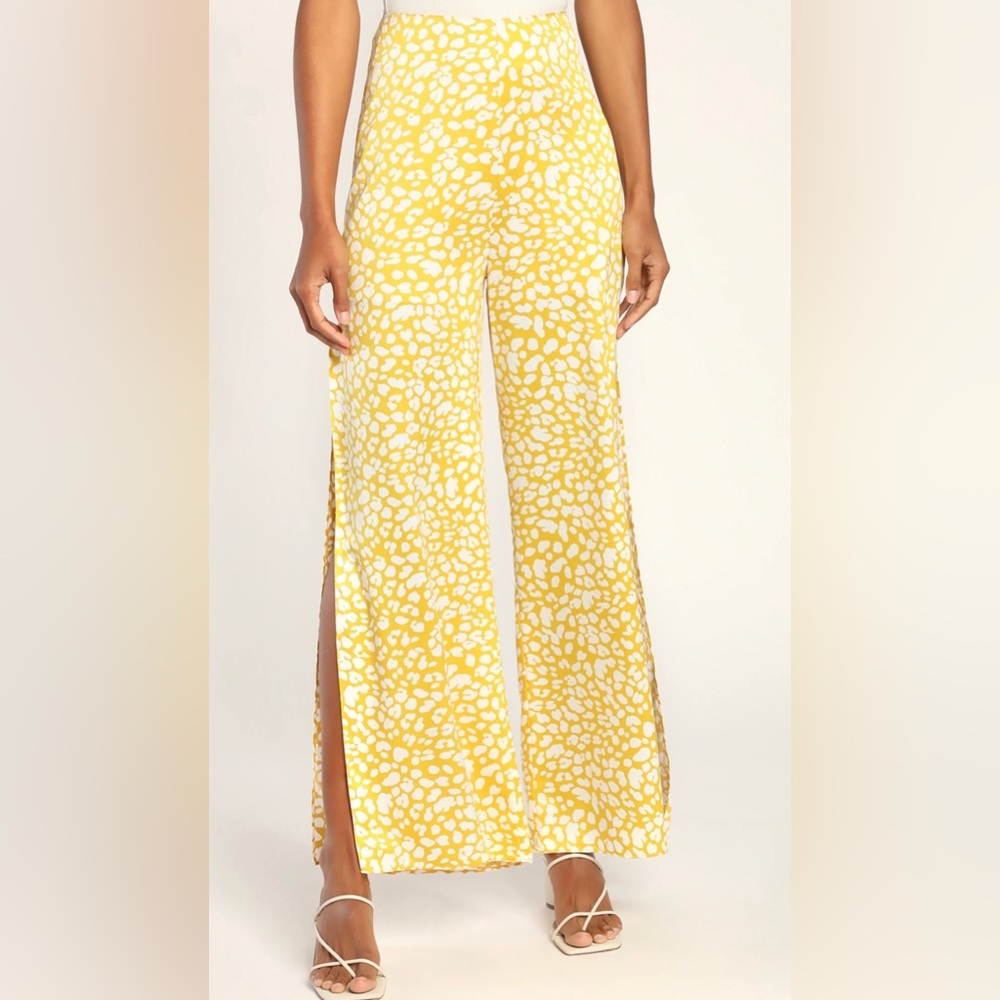 Lulu’s Wildly Chic Yellow Animal Print Satin Wide-Leg Side Slit Pants
